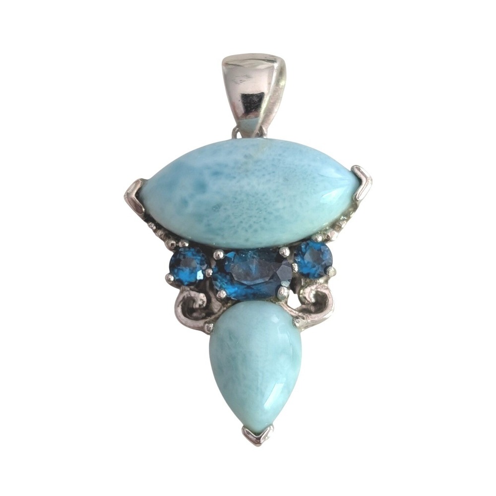 JTV BBJ Sterling Silver 925 Larimar and Blue Topaz Marquise Pear Pendant Signed